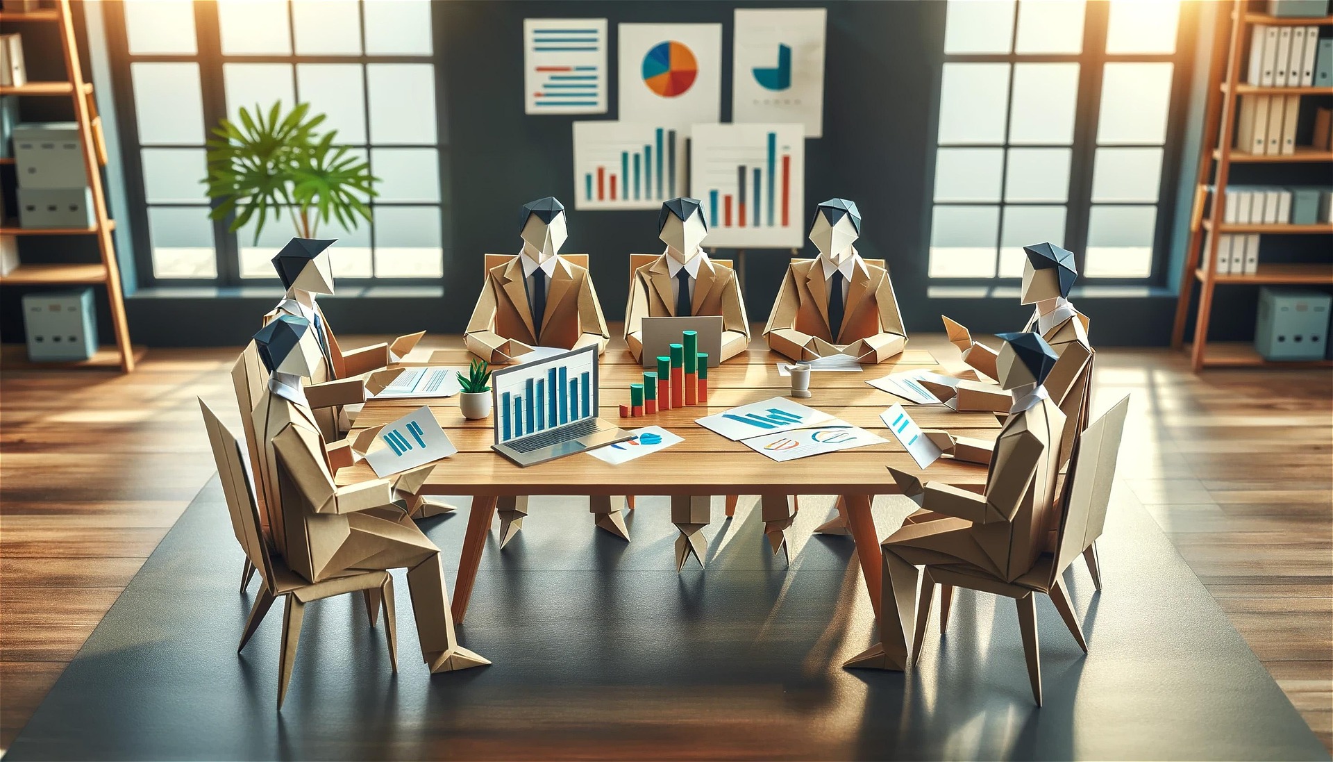 Equipo de origami colaborando alrededor de una mesa con gráficos